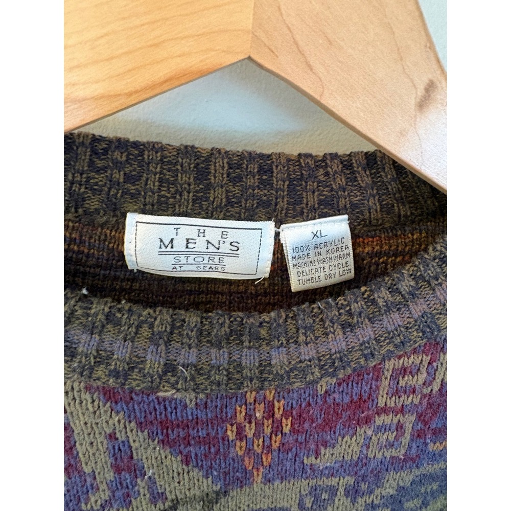 Vintage The Mens Store Sears Geometric Tribal Knit Sweater XL Green Purple 90s - Picture 2 of 7